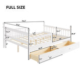 Full Size Kids Platform Bed Frame with 2 Drawers&Safety Guardrails, Low Profile Kid-friendly Bed for Boy&Girl, White