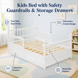 Full Size Kids Platform Bed Frame with 2 Drawers&Safety Guardrails, Low Profile Kid-friendly Bed for Boy&Girl, White