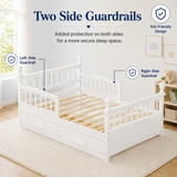 Full Size Kids Platform Bed Frame with 2 Drawers&Safety Guardrails, Low Profile Kid-friendly Bed for Boy&Girl, White