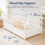 Full Size Kids Platform Bed Frame with 2 Drawers&Safety Guardrails, Low Profile Kid-friendly Bed for Boy&Girl, White