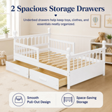 Full Size Kids Platform Bed Frame with 2 Drawers&Safety Guardrails, Low Profile Kid-friendly Bed for Boy&Girl, White