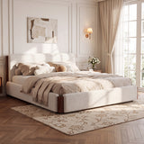 King Size Platform Bed Frame with Soft Padded Headboard&Side Board, Modern Upholstered Bed, White