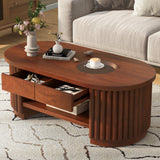 Fluted Oval Coffee Table with Drawers, 2-Tier Center Table Built‑in Round Tempered Glass & Bottom Shelf for Living Room