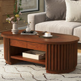 Fluted Oval Coffee Table with Drawers, 2-Tier Center Table Built‑in Round Tempered Glass & Bottom Shelf for Living Room