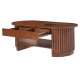 Fluted Oval Coffee Table with Drawers, 2-Tier Center Table Built‑in Round Tempered Glass & Bottom Shelf for Living Room