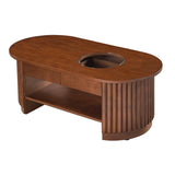 Fluted Oval Coffee Table with Drawers, 2-Tier Center Table Built‑in Round Tempered Glass & Bottom Shelf for Living Room