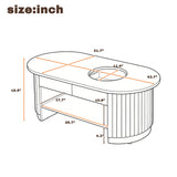 Fluted Oval Coffee Table with Drawers, 2-Tier Center Table Built‑in Round Tempered Glass & Bottom Shelf for Living Room