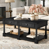Farmhouse Wood Coffee Table with 2 Drawers & Bottom Open Shelf, Rectangular Cocktail Table for Living Room, Bedroom, Apartment
