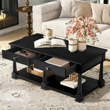 Farmhouse Wood Coffee Table with 2 Drawers & Bottom Open Shelf, Rectangular Cocktail Table for Living Room, Bedroom, Apartment