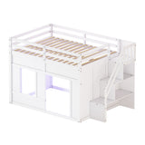 Full Size Kids Loft Bed Frame with Storage Stairs, LED Lights & Full‑Length Safety Guardrail, Open Under-Bed Space for Play/Sleep