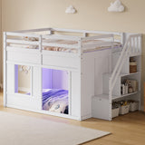 Full Size Kids Loft Bed Frame with Storage Stairs, LED Lights & Full‑Length Safety Guardrail, Open Under-Bed Space for Play/Sleep