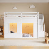 Full Size Kids Loft Bed Frame with Storage Stairs, LED Lights & Full‑Length Safety Guardrail, Open Under-Bed Space for Play/Sleep