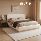 King Size Boucle Platform Bed Frame with Upholstered Headboard & Rubber Wood Base for Teens/Adults, No Box Spring Required, White