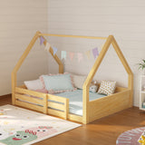 Full House Low Floor Bed, Wooden Montessori Floor Bed Frame with House Roof & Guardrails