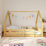 Full House Low Floor Bed, Wooden Montessori Floor Bed Frame with House Roof & Guardrails