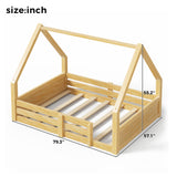 Full House Low Floor Bed, Wooden Montessori Floor Bed Frame with House Roof & Guardrails