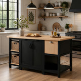 58"W Kitchen Island with Storage Drawers, Adjustable Shelf & Open Shelves, Kitchen Prep Table Coffee Bar Perch Kitchen Table, Black+Natural