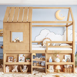Twin Loft Bed with Stairs & Storage Shelves, House-Shaped Playhouse Loft Bed Frame with Roof & Window
