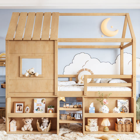 Twin Loft Bed with Stairs & Storage Shelves, House-Shaped Playhouse Loft Bed Frame with Roof & Window