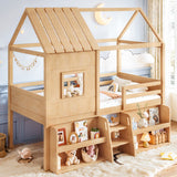 Twin Loft Bed with Stairs & Storage Shelves, House-Shaped Playhouse Loft Bed Frame with Roof & Window