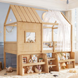Twin Loft Bed with Stairs & Storage Shelves, House-Shaped Playhouse Loft Bed Frame with Roof & Window