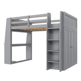 Full Size Loft Bed Frame with Built-in Desk, LED Lights, Double Door Wardrobe & Open Shelves for Kids/Teens/Adults