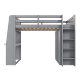 Full Size Loft Bed Frame with Built-in Desk, LED Lights, Double Door Wardrobe & Open Shelves for Kids/Teens/Adults