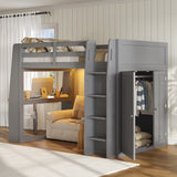 Full Size Loft Bed Frame with Built-in Desk, LED Lights, Double Door Wardrobe & Open Shelves for Kids/Teens/Adults
