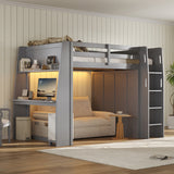 Full Size Loft Bed Frame with Built-in Desk, LED Lights, Double Door Wardrobe & Open Shelves for Kids/Teens/Adults