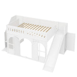 Wood Full Size Loft Bed with Slide & Storage Staircase, House‑Shaped Kids Bed Frame with Wardrobe, Decorative Arched Door