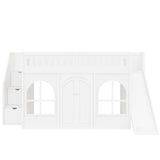 Wood Full Size Loft Bed with Slide & Storage Staircase, House‑Shaped Kids Bed Frame with Wardrobe, Decorative Arched Door