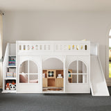 Wood Full Size Loft Bed with Slide & Storage Staircase, House‑Shaped Kids Bed Frame with Wardrobe, Decorative Arched Door