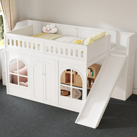 Wood Full Size Loft Bed with Slide & Storage Staircase, House‑Shaped Kids Bed Frame with Wardrobe, Decorative Arched Door