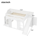 Wood Full Size Loft Bed with Slide & Storage Staircase, House‑Shaped Kids Bed Frame with Wardrobe, Decorative Arched Door