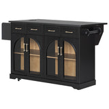 Rolling Kitchen Island with Drop Leaf, Kitchen Cart with Arched Glass Door, 4 Drawers, Charging Station, Spice & Towel Rack