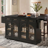 Rolling Kitchen Island with Drop Leaf, Kitchen Cart with Arched Glass Door, 4 Drawers, Charging Station, Spice & Towel Rack