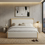 Solid Wood King Platform Bed Frame with Thick Padded Headboard & Footboard, Upholstered Mid-Century Modern Bed, Wood&Creamy-White