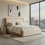 Solid Wood King Platform Bed Frame with Thick Padded Headboard & Footboard, Upholstered Mid-Century Modern Bed, Wood&Creamy-White