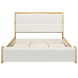 Solid Wood King Platform Bed Frame with Thick Padded Headboard & Footboard, Upholstered Mid-Century Modern Bed, Wood&Creamy-White