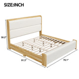Solid Wood King Platform Bed Frame with Thick Padded Headboard & Footboard, Upholstered Mid-Century Modern Bed, Wood&Creamy-White