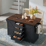72" Kitchen Island with Fridge Storage Space, Rolling Kitchen Cart with Sliding Barn Door, Drop Leaf, Glass Holder, 4 Drawers