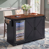 72" Kitchen Island with Fridge Storage Space, Rolling Kitchen Cart with Sliding Barn Door, Drop Leaf, Glass Holder, 4 Drawers