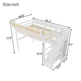 Full Size Loft Bed with Desk with 3 Drawers&Charging Station, Light, Storage Staircase, Wardrobe & Bedside Shelf, White