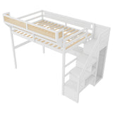 Full Size Loft Bed with Desk with 3 Drawers&Charging Station, Light, Storage Staircase, Wardrobe & Bedside Shelf, White