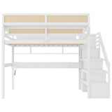 Full Size Loft Bed with Desk with 3 Drawers&Charging Station, Light, Storage Staircase, Wardrobe & Bedside Shelf, White