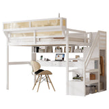 Full Size Loft Bed with Desk with 3 Drawers&Charging Station, Light, Storage Staircase, Wardrobe & Bedside Shelf, White