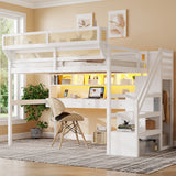 Full Size Loft Bed with Desk with 3 Drawers&Charging Station, Light, Storage Staircase, Wardrobe & Bedside Shelf, White