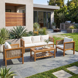 4pcs Acacia Wood Patio Furniture Set with 3-Seater Sofa, 2 Armchairs & Coffee Table, Outdoor Conversation Set with Cushions