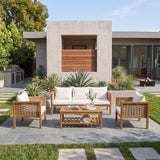 4pcs Acacia Wood Patio Furniture Set with 3-Seater Sofa, 2 Armchairs & Coffee Table, Outdoor Conversation Set with Cushions