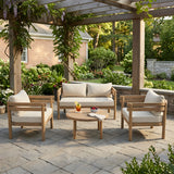 4pcs Outdoor Sofa Seating Set with Loveseat, 2 Club Chairs, Coffee Table&Cushions, Patio Furniture Set Conversation Chat Set, Brown&Beige